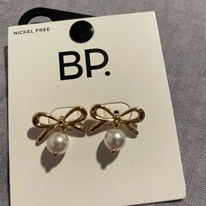 BP Gold Bow Earrings with Pearl Accent